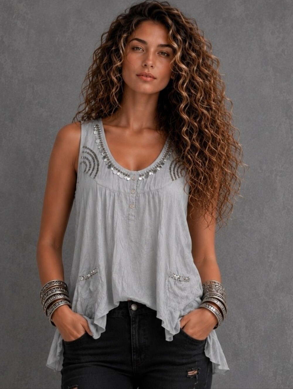 Light Gray Womens Asymetrical Embellished Sz 6 Sleeveless India Tunic Top New